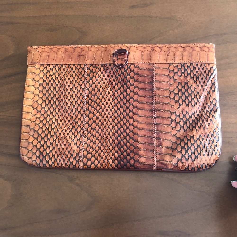 NWOT Vintage David Mehler For Dame Snakeskin Clutch Bag Tan